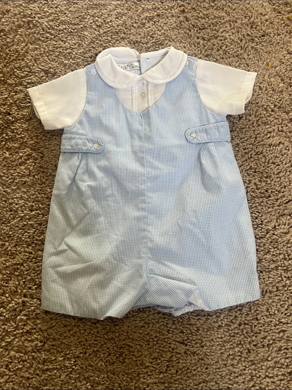 Petit Ami Light Blue Gingham Shortall with White Collar